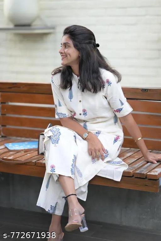 White South Indian Cotton Printed Kurta with Pant for Women - Image 5