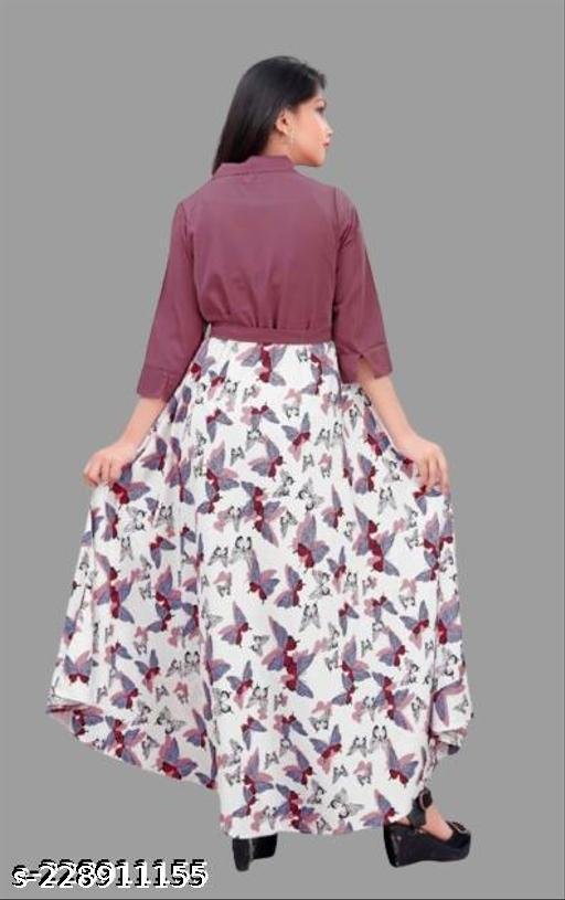 cute modern classy girls frocks & dresses | white with maroon butterfly print; mauve top, butterfly print, two-piece style top and skirt, A-line silhouette, A-line, one-piece, A-line dress, belt, pull-on, three-quarter, V-neck, belted, curved, maxi, unlined, Girls - Image 3