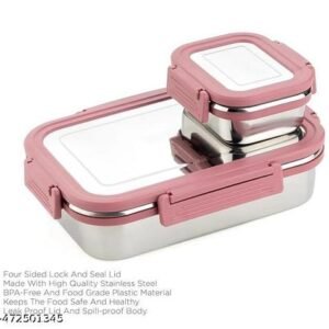 Stainless Steel Airtight Leak Proof Tiffin Box with Mini Container Pink 2 Containers Lunch Box (1100ml)