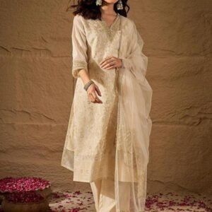 New Off White Solid Embroidered Straight Jacquard Silk Kurta Set with Scalloped Lace V Neck & Dupatta