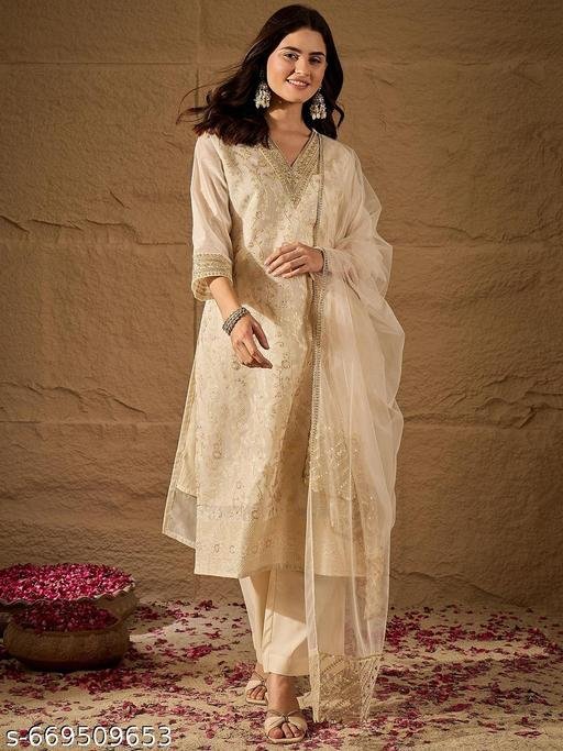 New Off White Solid Embroidered Straight Jacquard Silk Kurta Set with Scalloped Lace V Neck & Dupatta