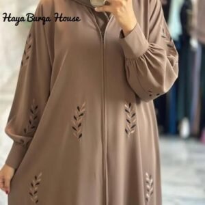 Elegant New Dubai Front-Open Coffee Brown Abaya with Leaf Embroidery and Black Plain Dupatta" A POETIC TOUCH PARTY-WEAR BURKHA ABAYA FOR WOMENS & COLLEGE GIRLS