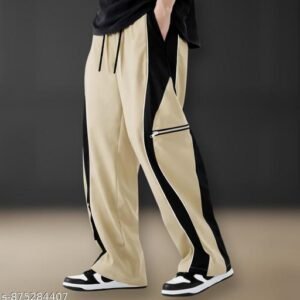Men’s Korean Street-Style Track Pants with Dual-Color Side Panel & Thigh Zip Pocket | Relaxed Poly Twill stretchable Gym Travel Trousers