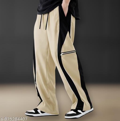 Men’s Korean Street-Style Track Pants with Dual-Color Side Panel & Thigh Zip Pocket | Relaxed Poly Twill stretchable Gym Travel Trousers