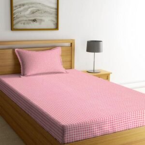 Pure Cotton 210TC Flat Single Bedsheets for Summer Breathable | Wrinklefree (Size- 60 x 90 Inch) with 1 Pillow Covers (Size-17 x 27 Inches,Small Checks, Pink)