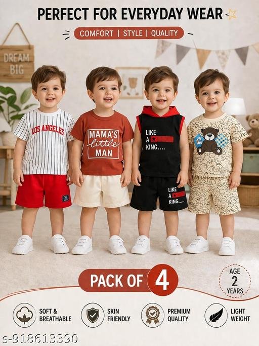 Designer Kids Boys Clothing Combo Pack | T-Shirt & Shorts Set (Pack of 4)