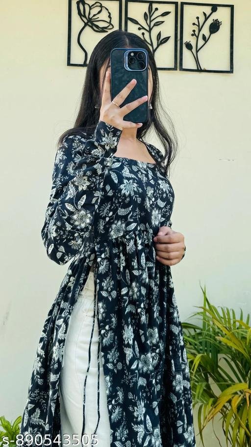 DISHA CREATION New Trendy Rayon Black Nayra Cut Floral Printed A-Line Long Kurti Full Sleeve Dress for Women - Image 4