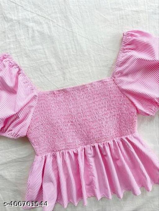 Cotton Stripe Puff Sleeve Shirt With Bow Tie, Peter Pan Crop Top Pink - Image 3