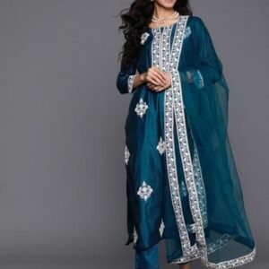Women Teal Green & White Motifs Embroidered Sequinned Kurta With Trousers & Dupatta Dupatta Sets
