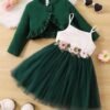 Baby girls Ruffle Trim Jacket & Appliques Mesh Flare Hem Cami Dress | Tutu Skirt, Layered Tulle, Above Knee, Sleeveless, Round, A-Line, Tiered, Null, Embroidery, Partywear, Tutu Dress, for Girls Green, White