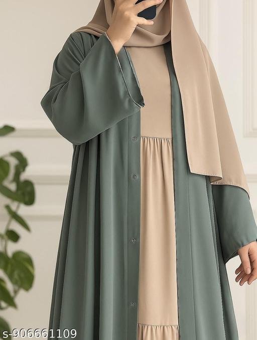 Graceful Modest Ensemble ABAYA BURKHA in Muted Green and Beige ATTACHED INNER WITH GATHERING Women's Black Front-Open Burqa jacket " A POETIC TOUCH PARTY-WEAR BURKHA ABAYA FOR WOMENS & COLLEGE GIRLS - Image 4