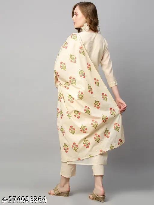 Trendly Women Beige Embroidered Kurta With Pant & Dupatta Set - Image 3