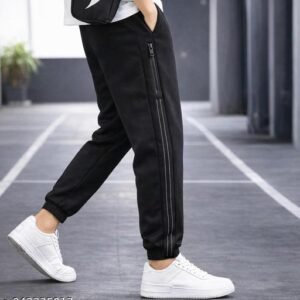 Men Black Relaxed Fit Cargo Track Pants | Stretchable Poly Twill Joggers | Zip Pocket | Side Pockets | Decorative Side Stitch Panel | Ankle Cuffs | Gym, Casual, Sportswear Bottoms