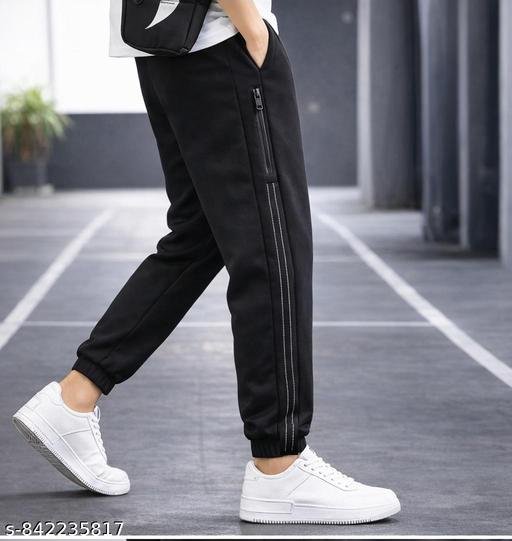 Men Black Relaxed Fit Cargo Track Pants | Stretchable Poly Twill Joggers | Zip Pocket | Side Pockets | Decorative Side Stitch Panel | Ankle Cuffs | Gym, Casual, Sportswear Bottoms