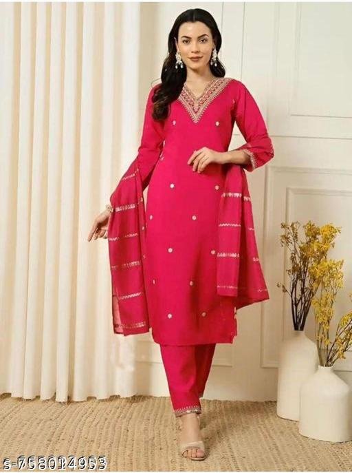 Premium Pink Rayon Slub Embroidered Kurti Pant Dupatta Set for Women | Stylish Party Wear Ethnic Wear | trending kurtis set - Image 3