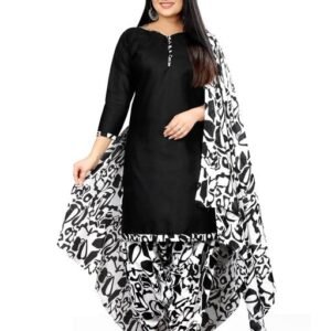 RolyPoly Women's Black Cotton Blend Printed Ready-to-Wear Patiala Salwar Suit | Solid Kurta with Decorative Potli Buttons & Abstract Printed Bottom | Ethnic Daily & Festive Wear