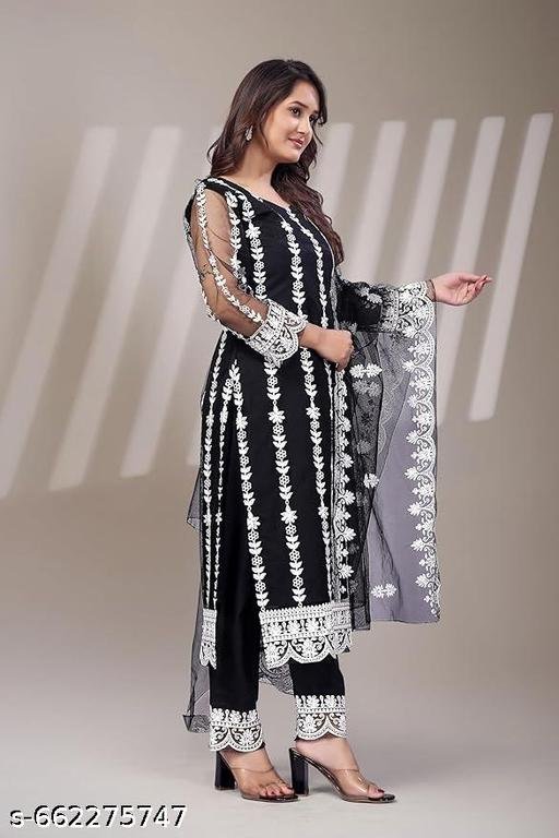 Black Embroidered Kurta Set for Women with Dupatta | White Floral Thread Work Kurti with Churidar | Festive, Party & Daily Wear Ethnic Dress - Image 4