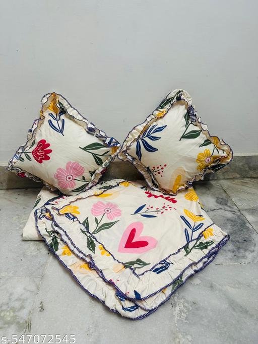 Queen Size Double Bedsheet Set with 2 Frilly Pillow Covers & 2 Frilled Cushions – Elegant Frill Design - Image 3