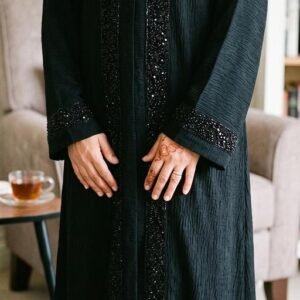 New Trendy  Premium high quality zoom fabric and heavy black stone & beads Abaya Burqa with Straight Fit & Elegant Tassel Design