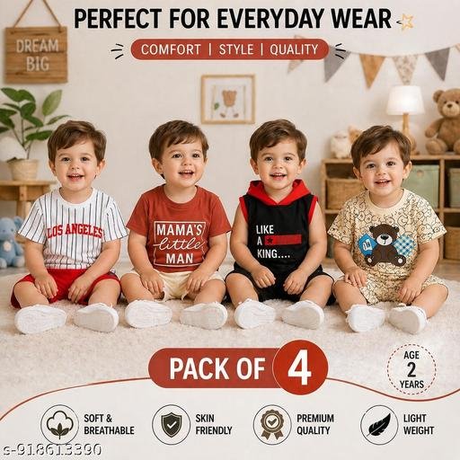 Designer Kids Boys Clothing Combo Pack | T-Shirt & Shorts Set (Pack of 4) - Image 3