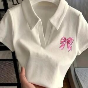 Stylish Half Sleeves Sticker Printed Collar Top And Tunics
