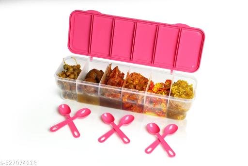 6-in-1 Masala Box for Kitchen, Airtight BPA-Free Plastic 6 Section Storage Container with 6 Spoons, 1800 ml Transparent Pickle Box for Spices, Dry Fruits, Snack (Pack of 1) (pink) - Image 3