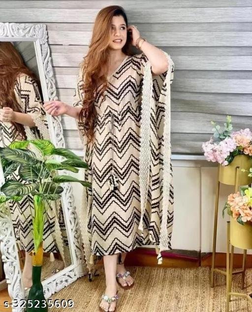 Trendy Western Wear New Stylish Chevron Design Rayon Kaftan for Women's Ethnic Wear Party Wear Dress Cream Black - Image 4