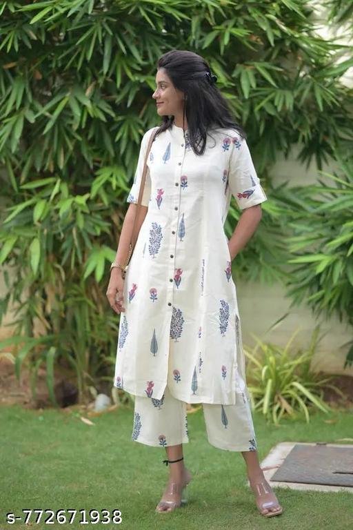 White South Indian Cotton Printed Kurta with Pant for Women - Image 3