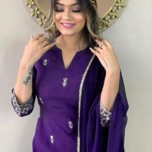 Women's Rayon Slub Embroidered Straight Kurta Pant with Dupatta