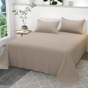 Grey/ Silver 300TC Glace Cotton Plain Stripe Queen Size Double Bedsheet with 2 Pillow Cover for Home, Hotel, Guest Room (90 X 100) Inch