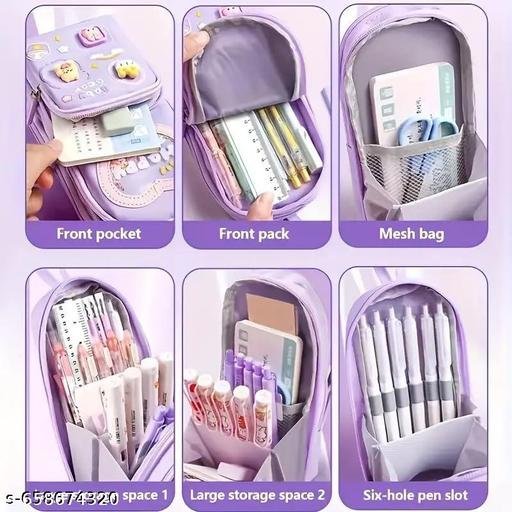 Kawaii Purple Stationery Combo Set for Girls | Kawaii Pencil Case Pouch with Zipper & Push Pull Eraser with Refills | Back to School Supplies Gift for Kids (Purple) - Image 4