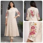 Off White Embroidered Cotton Kurta Pant Set/new trending women kurti set/Embodied khata new suit and pant set