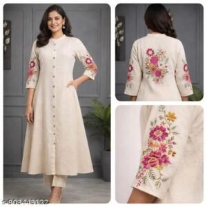 Off White Embroidered Cotton Kurta Pant Set/new trending women kurti set/Embodied khata new suit and pant set