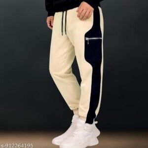 Men’s Cargo Joggers with Contrast Panel & White Piping Detail | Dual Thigh Zip Pocket Design | Stretch Track Pants Elastic Drawstring Waist & Cuffs | Beige Black Lowers