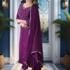 Women's Coton Embroidered Straight Kurta With Trouser & Dupatta