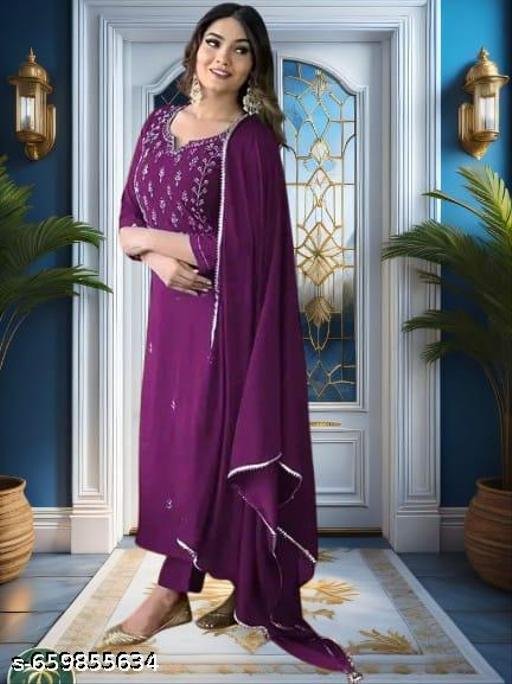 Women's Coton Embroidered Straight Kurta With Trouser & Dupatta