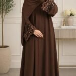 trending Firdaus Fabric Cocoa Brown Abaya For Women | Tissue Handwork Sleeves | Modest Flared Gown Without Hijab