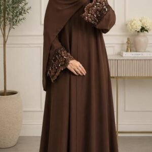 trending Firdaus Fabric Cocoa Brown Abaya For Women | Tissue Handwork Sleeves | Modest Flared Gown Without Hijab