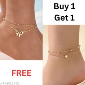 Minimal Fancy Double Layered Heart & Bow Chain Anklets Combo Pack of 2 Buy One Get One Free For Women & Girls