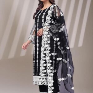 Black Embroidered Kurta Set for Women with Dupatta | White Floral Thread Work Kurti with Churidar | Festive, Party & Daily Wear Ethnic Dress