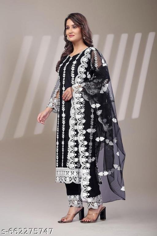 Black Embroidered Kurta Set for Women with Dupatta | White Floral Thread Work Kurti with Churidar | Festive, Party & Daily Wear Ethnic Dress
