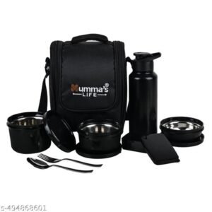 Mumma's LIFE Lunch Box with Steel Cutlery, 3 Microwave Safe Inner Steel Containers (250ml, 400ml, 600ml) Plastic Chutney Dabba 130ml, Steel Bottle 750ml with Insulated Bag, Office Tiffin, Black