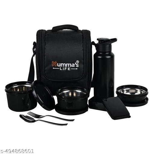 Mumma's LIFE Lunch Box with Steel Cutlery, 3 Microwave Safe Inner Steel Containers (250ml, 400ml, 600ml) Plastic Chutney Dabba 130ml, Steel Bottle 750ml with Insulated Bag, Office Tiffin, Black
