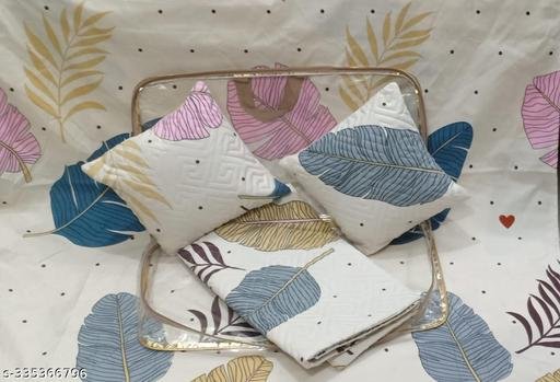 Home 5pc bedsheet set (1King size Bedsheet + 2 Pillow Covers with Embroidery+ 2 Cushion Cover with Embroidery with filler) Heavy Quality Multicolor five piece set