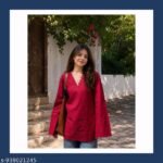 Women’s Red Rayon A-Line Kurti | Trendy V-Neck Casual Ethnic Top for Women | Korean Style Loose Fit Kurti
