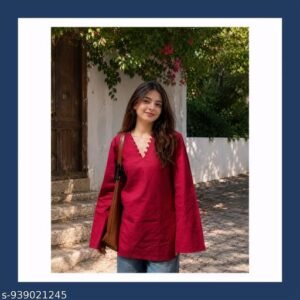 Women’s Red Rayon A-Line Kurti | Trendy V-Neck Casual Ethnic Top for Women | Korean Style Loose Fit Kurti
