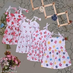 Cotton Blend Pack Of 4 Pc Sleeveless Baby Girl Frock F&D