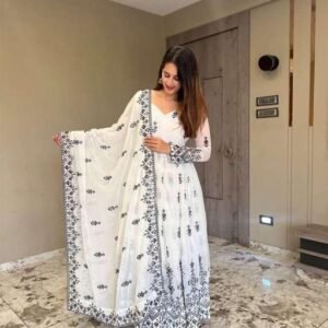 Women gown with dupatta set printed georgette fabric with floral embroidery work V-neck with full sleeves for party and casual wear ethnic sets anarkali gwon sets at india's best online shopping store