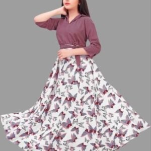 cute modern classy girls frocks & dresses | white with maroon butterfly print; mauve top, butterfly print, two-piece style top and skirt, A-line silhouette, A-line, one-piece, A-line dress, belt, pull-on, three-quarter, V-neck, belted, curved, maxi, unlined, Girls