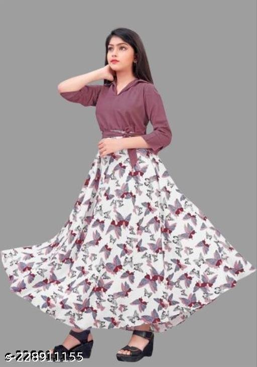 cute modern classy girls frocks & dresses | white with maroon butterfly print; mauve top, butterfly print, two-piece style top and skirt, A-line silhouette, A-line, one-piece, A-line dress, belt, pull-on, three-quarter, V-neck, belted, curved, maxi, unlined, Girls